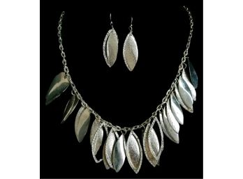 Vintage Rhinestone & Silver Leaves Necklace & Earring Pair