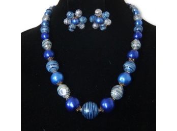 Vintage Blue Swirl Beaded Necklace & Earring Pair