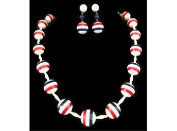 Vintage Red, White & Blue Graduated Pearl Necklace W/ Earring Pair