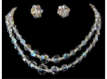 Vintage Aurora Borealis Bead Choker / Necklace & Earring Pair