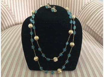 Two Gold Tone And Turquoise Pieces Including Earrings And Necklace - Lot #16