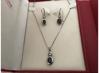 Sterling Silver And Garnet Necklace And Earring Set In Original Box