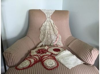 Lot Of Vintage Linen Including Red And White Doilies, Rooster Cocktail Napkins, And An Apron