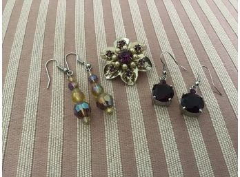 Three Amethyst Colored Pieces Including Two Earrings And A Pin - Lot #17