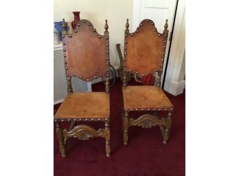 Vintage Leather Dining Chairs With Nail Head Trim Pair