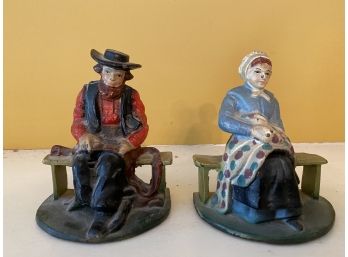 Vintage Amish Couple Hand Painted  Cast Iron Bookends