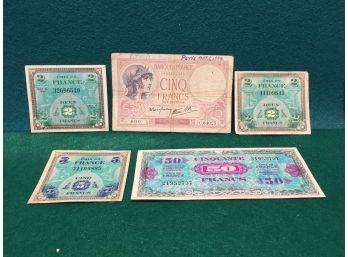 (5) Vintage WWII France French Bank Franc Notes. One Signed Pvt. Lloyd W. Church. Paris Oct. 1, 1944.