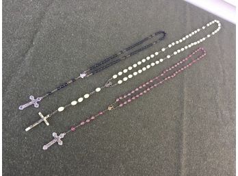 Three (3) Vintage And Antique Rosary Beads And Crosses. Rose Colored Beads Are Glass.