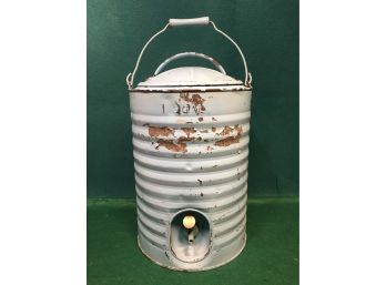 Vintage 3 Gallon Galvanized Steel Water Cooler. Distressed Robin Egg Blue Paint. Wire Bail With Wood Handle.