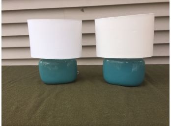 Pair Of Turquoise Pottery Lamps With Oval Shades. Each Stand 14 1/2' Tall.