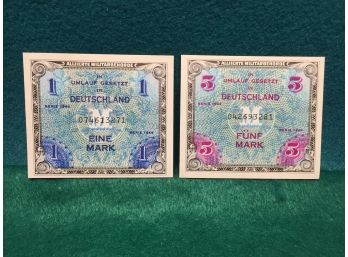 (2) Vintage WWII 1944 Germany 1 And 5 Eine Mark Allied Occupation Banknotes Money Currency.