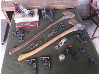 Lot Of Vintage And Antique Tools. Axes, Planes, Vises, Drill Bit, S Wrench, Tin Snips, Collins, Irwin, Plus.