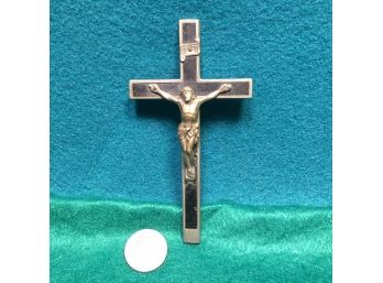 Antique Jesus On The Cross Religious Catholic Christian Cross. Ebony Wood Inlay. Measures 4 3/4'.