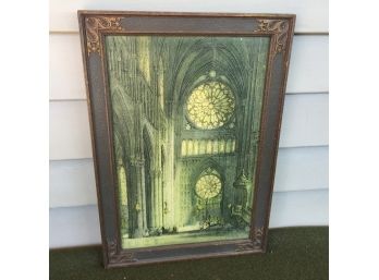 Antique Church Cathedral Print In Original Gothic Frame American Art Co. N. Y. Cathedral Of Reims Notre-Dame.