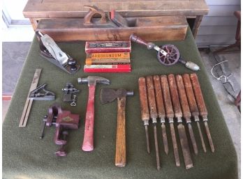 Lot Of Antique And Vintage Woodworking Tools. Planes, Chisels, Drills, Vises, Tr-Square, Sharpening Stone.