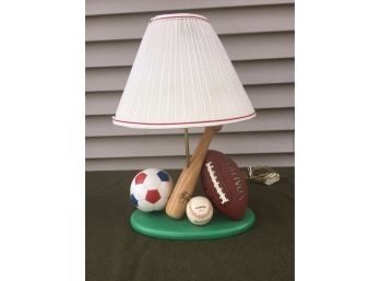 Sports Lamp For Kid's Room. Spalding Football, Soccer Ball And Baseball Bat. Wood Base.