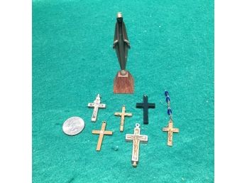 Lot Of Antique Jesus On The Cross Religious Catholic Christian Crosses And Mary Statue.