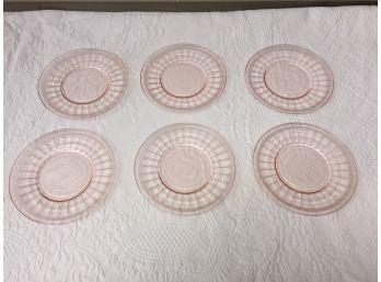 Six (6) Pink 8'Depression Glass Plates. No Chips Or Cracks.