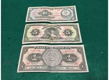 Three Vintage 1960s  Mexican Pesos Bills. 1, 5, And 10 Pesos. Banco De Mexico.