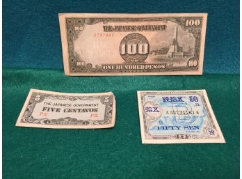 Japanese Government World War Il Occupation Money. Five Centavos And One Hundred Pesos Notes And Fifty Sen.