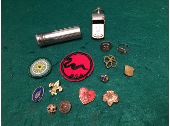 Lot Of Vintage Boy Scout And Girl Scout Pins, Whistle, Match Case, Patches And Sterling Silver Rings.