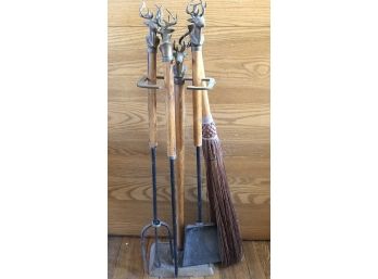 Set Of Brass Deer Top Fireplace Set