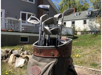 Leather Trim Bushwhacker Golf Bag And Assorted Drivers And Putters