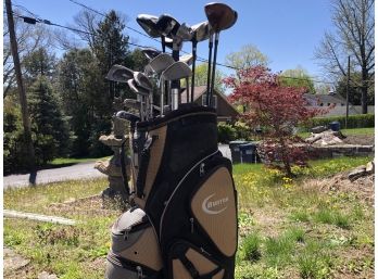 Burton Gold Bag With Assorted Drivers And Putters