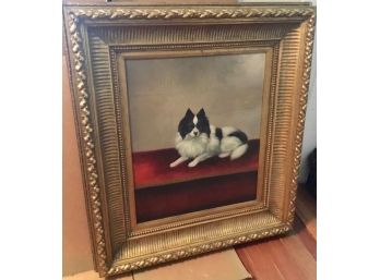 Oil On Canvas, Portrait Of Papillon Dog In Gilt Frame