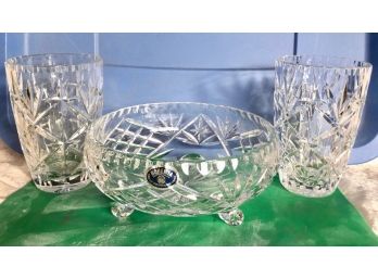 Bohemian Cut Crystal Bowl & Pair Of Cut Crystal Vases