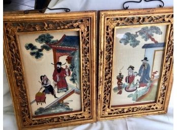 Pair Framed Asian Paintings On Fabric