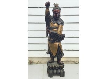 Vintage Carved Asian Warrior On Stand