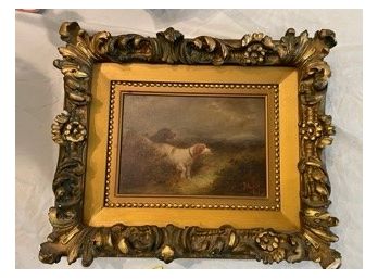 Antique Oil Painting Of Dog Hunting, On Board, Signed, Finished Corner Gilt Frame