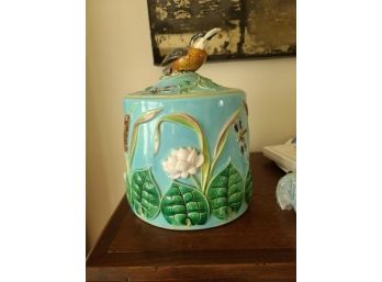 Majolica Very Rare Blue Cake Topper With Bird And Fish (some Cracks On The Bird)