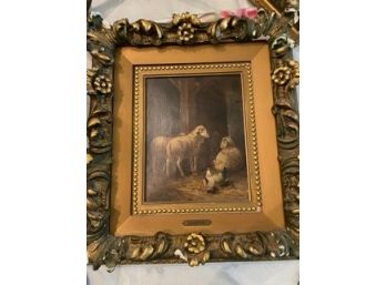 Signed Oil Sheep Painting By Geurin In Gilt Finished Frame 16x17-1/2x3 Look At Photos