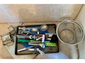 Lot Of Cooking Utensils, Baking Sheet, Colander, & Ketchup And Steak Sauce Holders