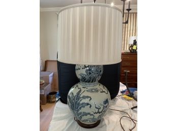 Beautiful Blue & White Double Gourd Lamp W/ Custom Knife Pleat Shade