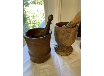 2 Wooden Mortar And Pestle (naturally Cracked) 5-3/4x7-1/2 And 5-18x6-12