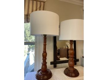 Vintage Set Of 2 Turned Pine Lamps Shades 16' Dia 34' And 32' In H