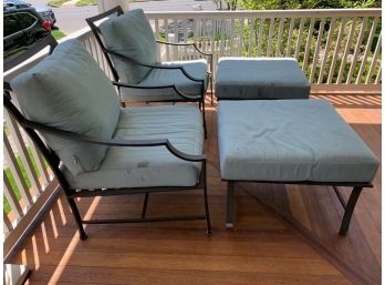 Pair Of 2 Pottery Barn Outdoor Aluminum Lounge Chairs & Ottomans & Cushions