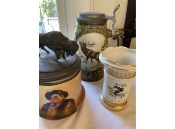 Lot Of 3 Painted Porcelain Tobacco Jar W/metal Buffalo Top, German Stein & Porcelain Vase