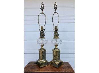 Pair Of Vintage Brass & Cut Glass Lamps