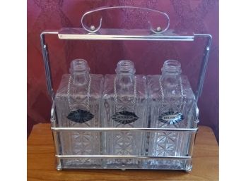 Set Of Three Vintage MCM Crystal Decanters With Chrome Caddy With Chain And Tags