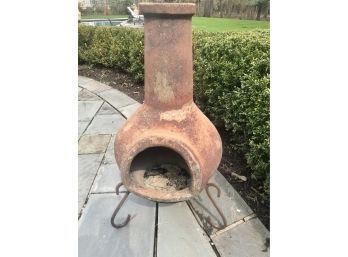 Terracotta Chimenea With Wrought Iron Base ( 1 Of 2 Listed Separately In This Auction)