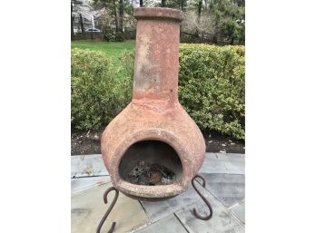 Terracotta Chimenea With Wrought Iron Base ( 1 Of 2 Listed Separately In This Auction)