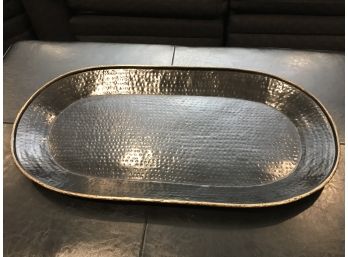 Large Black Tray With Hammered Design And Bronze Trim