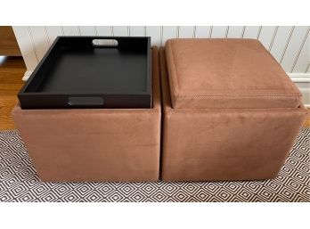 Pair Of American Leather Storage Ottomans With Interchangeable Tray Top