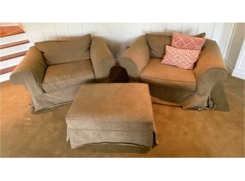 Pair Of Oversized Mitchell Gold Slipcovered Chairs And Ottoman