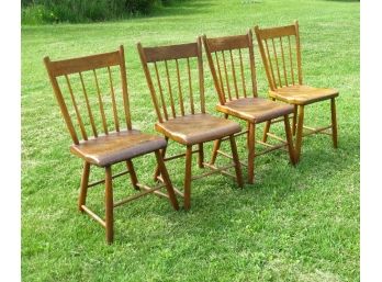 Set Of 4 Early Plank Seat Country Pine Spindle Back Chairs, Original Set From Delaware County Farmhouse