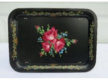 Mid-Century Tole Painted Folding Leg Bed Tray Beautiful Black W/Roses